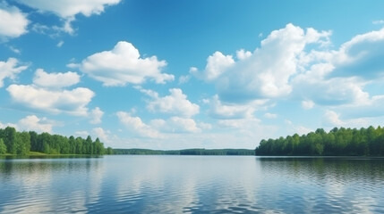 blue sky with clouds over the lake on a sunny day. Generative Ai. 