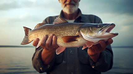 Obraz premium Fisherman with a fish in his hands near the lake. Generative Ai. 