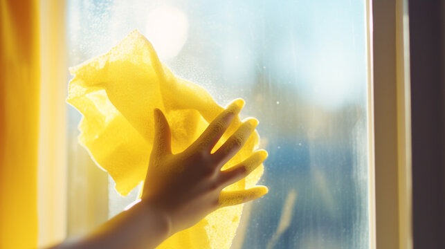 a woman washes glass with a yellow rag on a sunny day. Generative Ai. 