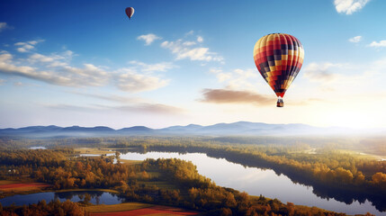 hot air balloon in the highlands above the lake. Generative Ai. 