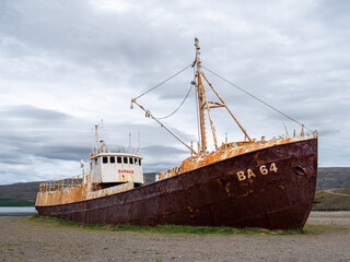 Gardar BA 64 ship wreck in Patrekfjordur, Westfjords, Iceland