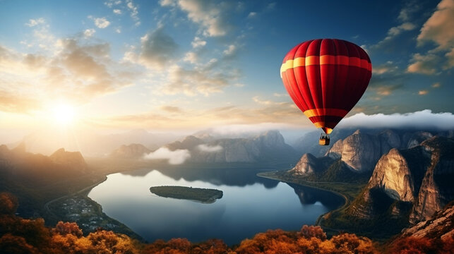 hot air balloon over a mountain lake at sunset. Generative Ai. 