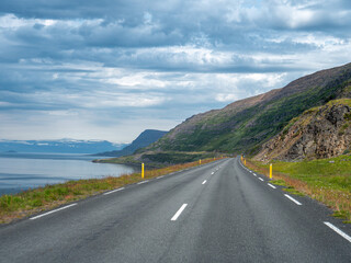 Road trip in Iceland. Icelandic landscape during a car trip to Westfjords region.