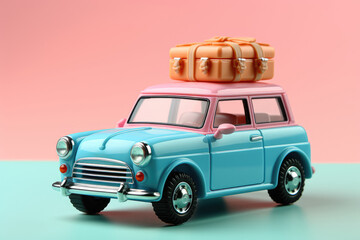 Features a blue toy car with luggage and a pink flamingo on a blue background, providing a copy space for text or design elements. Conjures up a sense of travel and leisure. Generative Ai.