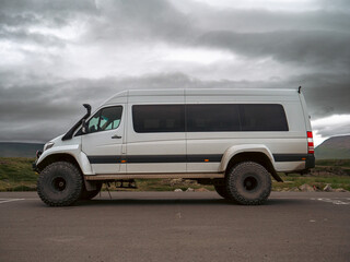 Hugely modified allroad passenger van with inflatable tires in Iceland