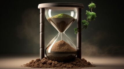 An hourglass with a plant growing out of it