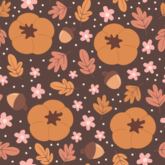 Cute hand drawn autumn fall season seamless vector pattern background illustration with pumpkins, acorns, daisy flowers and leaves - 620686707