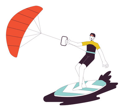 Kitesurfing flat line vector spot illustration. Surfer with kite standing on board 2D cartoon outline character on white for web UI design. Water sports editable isolated colorful hero image