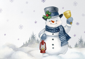 Watercolor hand-drawn funny snowmen hold lantern and bell. Winter Christmas holidays card. Cute snowman in a hat and scarf on a snowy winter field landscape. Merry Christmas postcard