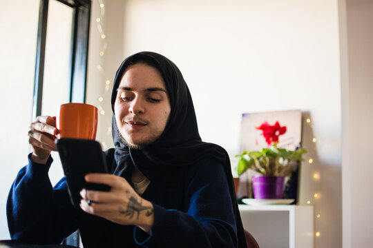 Trans muslim person lifestyle at home