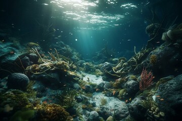 Naklejka na ściany i meble Waste littering seabed contaminates ocean. Generative AI