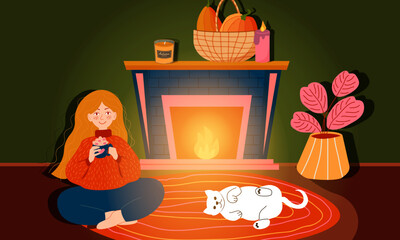 Woman sitting on floor near fireplace at home with coffee in hands, cat is laying. Cozy evening time by fireside of girl and cat flat vector illustration.