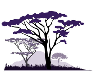 African savannah landscape with acacia and baobab tree silhouettes. Vector illustration.