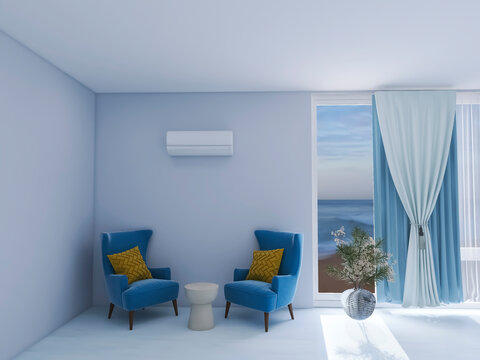 Air-conditioned room interior 3d render, 3d illustration