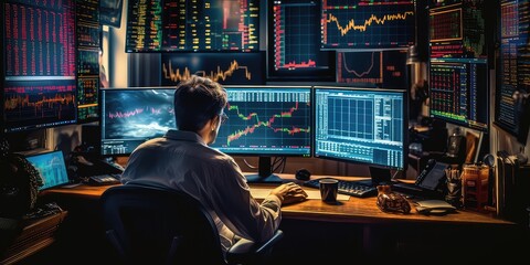 Vector illustration of an Investor sitting in front of the computers in the room analysing shares and market. Investment concept. Generative AI.