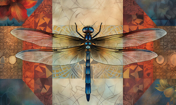  a painting of a dragonfly on a multicolored background.  generative ai