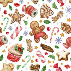 Christmas seamless pattern with sweets, berries, holly leaves, cupcakes, gingerbread cookies, candy cane on white background.Traditional style gift wrap design.Hand-drawn watercolor digital paper