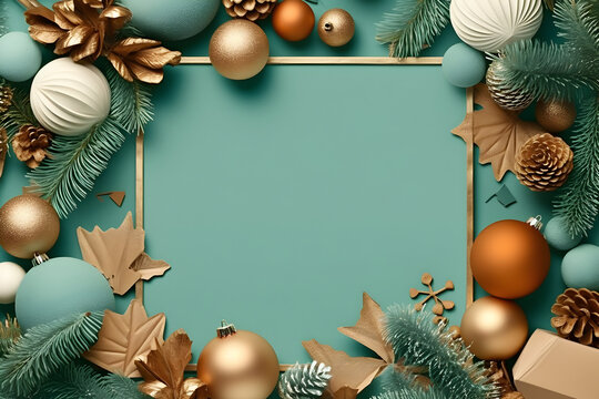 Golden frame with empty space surrounded by Christmas tree and New Year decoration on pastel green. Copy space. Holiday concept.