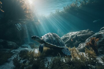 Naklejka na ściany i meble An underwater scene featuring a diving turtle. Generative AI