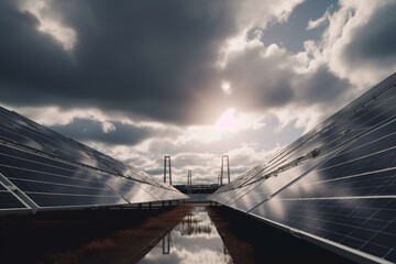3D rendering of solar panels against cloudy sky, representing renewable energy. Generative AI