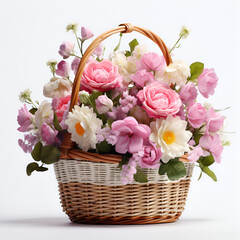 Illustration, AI generation. Basket with flowers on a white background.