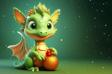 Illustration, AI generation. A green Dragon on a festive background.