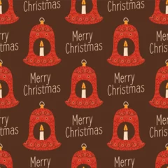 Fototapeten Christmas seamless pattern with red christmas tree toys and candles. Cute holiday wallpaper background with decoratie elements. Stock vector illustation on dark background © jeksonjs