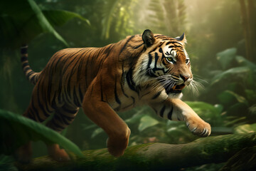 Fototapeta na wymiar running tiger, speed effect, tropical forest background