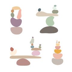 Obraz na płótnie Canvas Zen stone cairns set in simple abstract doodle style vector illustration, relax, meditation yoga concept, boho color stone pyramid for making banner, poster, card, print, wall art