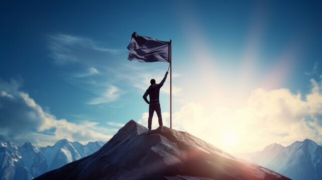 A man standing triumphantly on a mountain peak, holding a flag high in the air