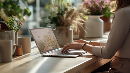 Woman florist orders flowers working in office using laptop created with generative AI technology - obrazy, fototapety, plakaty