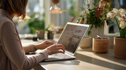 Woman florist orders flowers working in office using laptop created with generative AI technology
