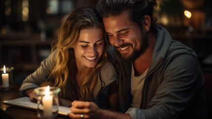 Married couple spends time together enjoying viewing cheerful videos in the evening created with generative AI technology