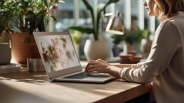 Woman florist orders flowers working in office using laptop created with generative AI technology