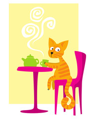 A striped red-haired cat is drinking hot tea. Cartoon image for prints, poster and illustrations.