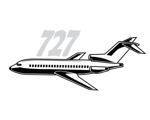Boeing 727. Stylized drawing of a vintage passenger airliner. Isolated image for prints, poster and illustrations.