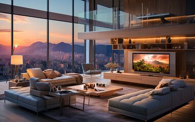 A living room featuring a sizable window that reveals a captivating view of the nocturnal vista.   Generative AI