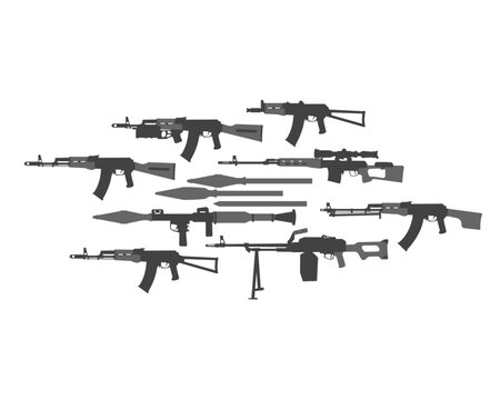 Infantry weapons. Armament of the rifle squad. Assault rifle, machine gun, grenade launcher, sniper rifle. Vector image for prints, poster and illustrations.
