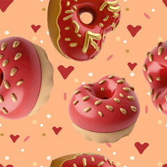 A pattern of bright, voluminous donuts, donuts and cookies in the form of a heart. Pattern for restaurant, menu. Seamless illustration of desserts for printing on paper, textiles, cards