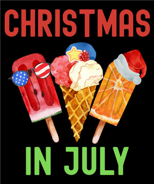 Funny ice cream with american flag sunglasses, Santa Claus hat and star for summer feeling and the saying Christmas in July