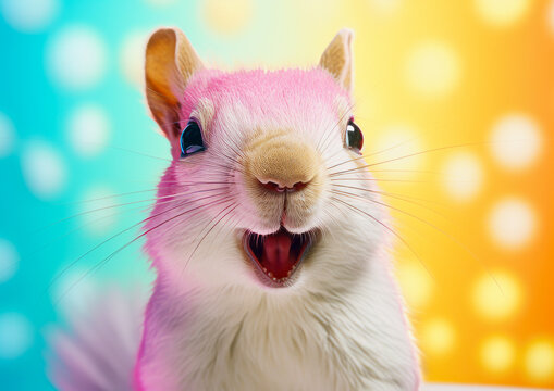 An adorable little squirrel is laughing at the camera. Close-up shot. Cheerful colors. Generative AI.