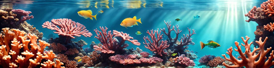 Fototapeta na wymiar Horizontal banner with ocean reef with colorful corals, tropical fish and sunlight streaming through the sea water. Underwater world beauty illustration. Generative AI