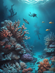 Naklejka na ściany i meble coral reef and diver Generative AI