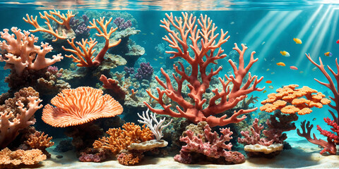 Fototapeta na wymiar Illustration of underwater world with colorful corals, tropical fish and sunlight streaming through the sea water. Beauty of the coral reef. Generative AI
