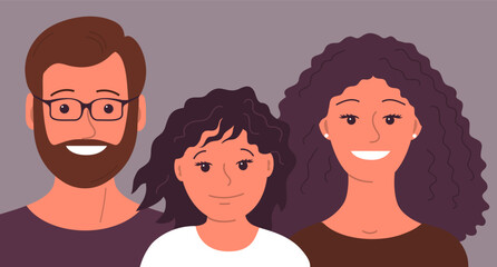 Happy family couple with a child. Father, mother and little daughter. Welcome gesture. Flat vector illustration people