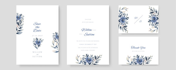 Fototapeta na wymiar White blue green Watercolor wedding invitation card template with floral and leaves decoration