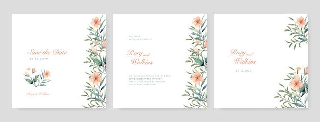 Fototapeta na wymiar White blue pink wedding invitation template with romantic dried floral and leaves decoration