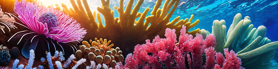Horizontal banner with ocean reef with colorful tropical corals and sunlight streaming through the sea water. Underwater world beauty illustration. Generative AI