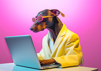 An elegant Doberman dog is working on a laptop dressed like an 80s dandy. Generative AI
