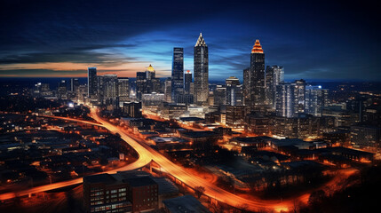 Drone photo of Atlanta Georgia city at night long exposure for traffic blur taken with DJI mini 3 pro - Powered by Adobe